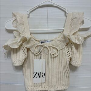 Zara Ivory Knit Sweater with Lace Detail